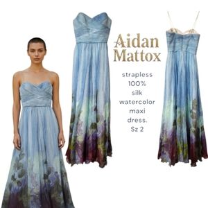 Aidan Mattox strapless silk Floral watercolor Whimsical maxi dress Women's 2